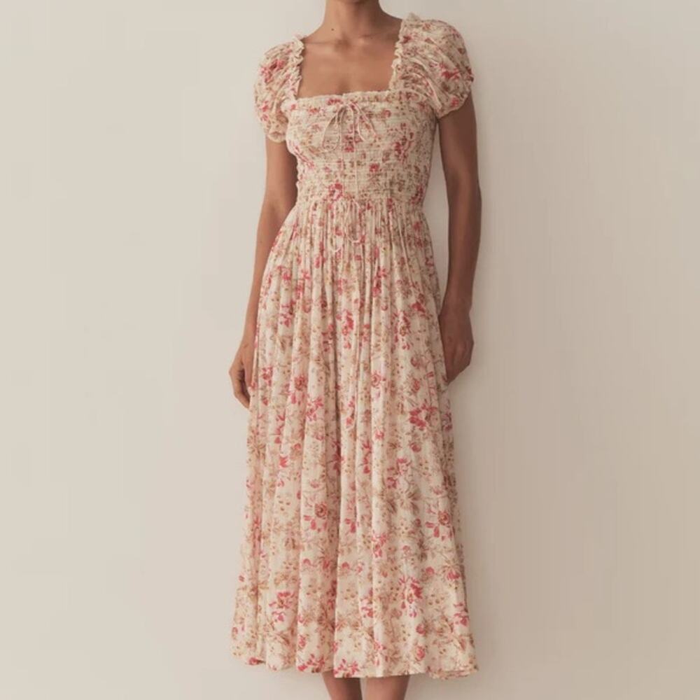 Doen Stanza Cotton Smocked Short Sleeve Maxi Dress Fleurs De Provence Floral